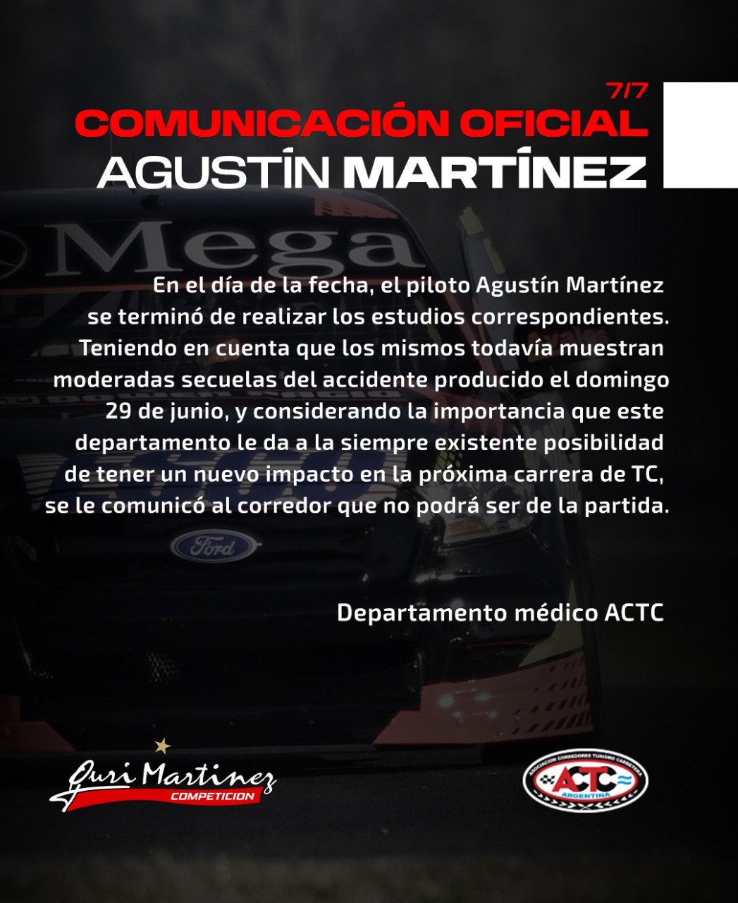 AGUSTíN MARTíNEZ NO CORRERá EN CONCEPCIóN