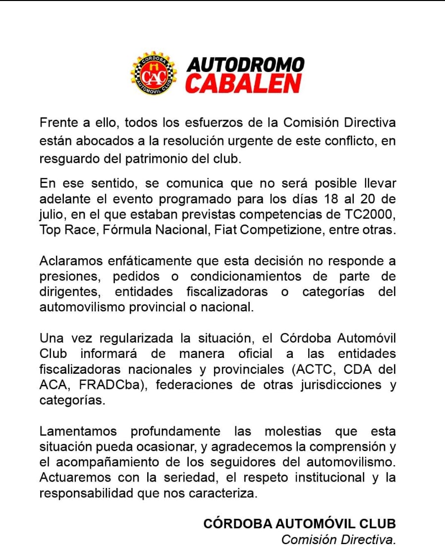 AUTóDROMO CABALéN SIN ACTIVIDAD NACIONAL