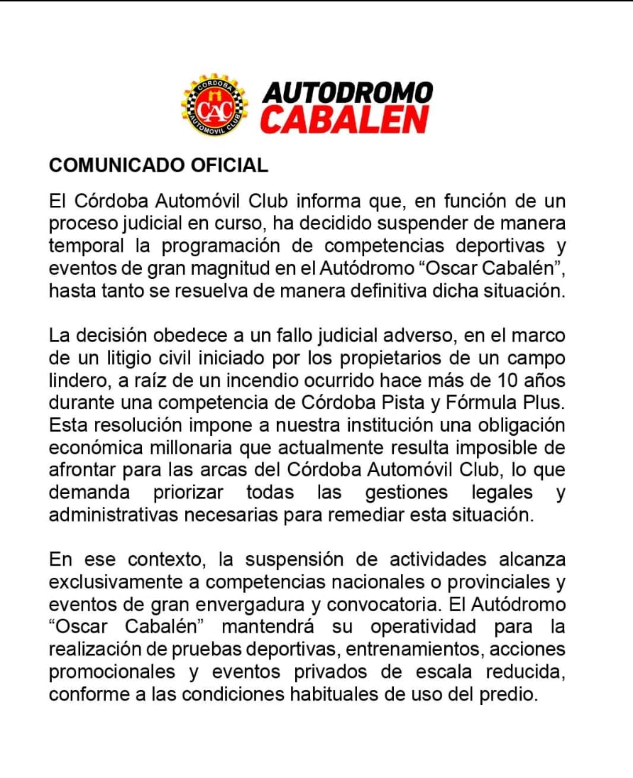 AUTóDROMO CABALéN SIN ACTIVIDAD NACIONAL