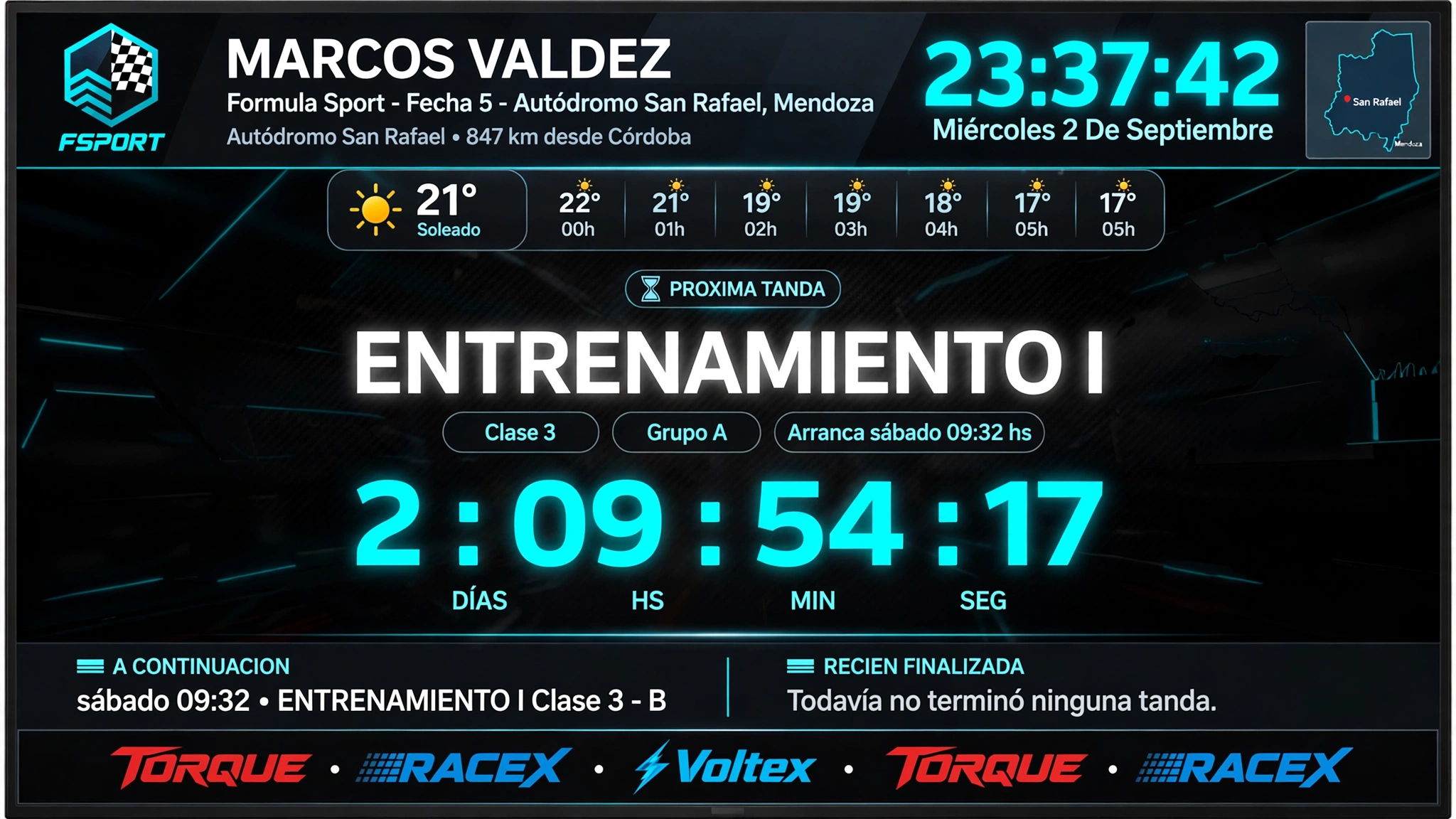 Pantalla TV box — horarios, tandas, posición y clima en vivo